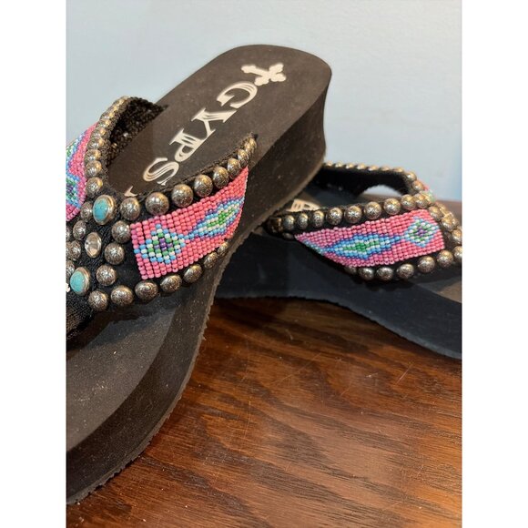 Womens Gypsy Soule Black Wedge Flip Flops Beaded Pink & Turquoise Strap Sz 9 - Picture 8 of 8